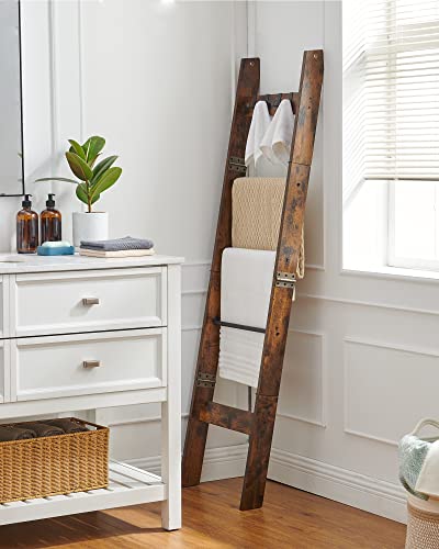 Hzuaneri Blanket Ladder - for Bedroom, Decorative Wood Quilt Rack with 4 Removable Hooks, 5-Tier Farmhouse Ladder Holder Organizer for Bathroom Living Room, Rustic Brown and Black 02101BBR