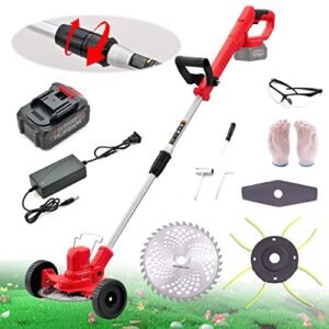 brushless electric weed wacker 57 inch 750w lightweight push brush cutter 6a battery powered 9 inch metal circular saw blade, 1 straight blade and 12 inch cutting swath for garden yard dense weeds
