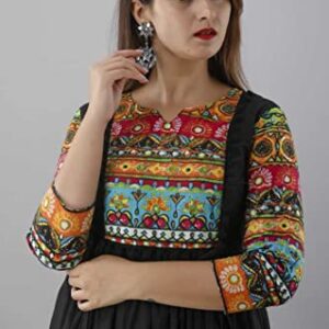 Women's Rayon Floral Printed Anarkali Kurti With Tassels (Black-Medium/38)