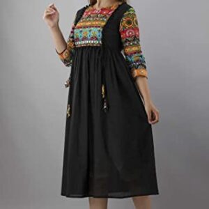 Women's Rayon Floral Printed Anarkali Kurti With Tassels (Black-Medium/38)