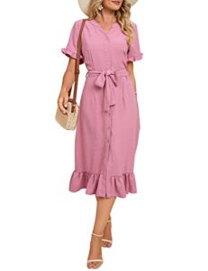 kojooin women's button down midi shirt dress summer short sleeve tie waist split business casual work long maxi dress dusty pink xl