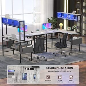 Unikito L Shaped Computer Desk with LED Strip and Power Outlets, Reversible L-Shaped Corner Desk with Storage Shelves and Bag, Industrial Home Office Desk Gaming Table with USB Port, White Oak