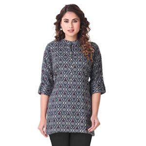 ladyline womens cotton rayon printed tunic top 3/4 roll-up sleeves button neck short kurti kurta (xl/blue/44)