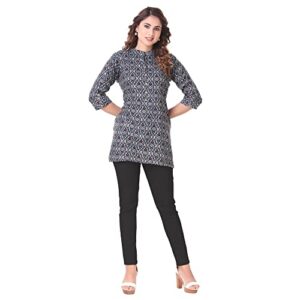 ladyline Womens Cotton Rayon Printed Tunic Top 3/4 Roll-Up Sleeves Button Neck Short Kurti Kurta (XL/Blue/44)