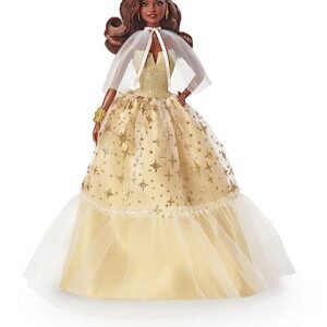 2023 Holiday Barbie Doll, Seasonal Collector Gift, Barbie Signature, Golden Gown and Displayable Packaging, Dark Brown Hair