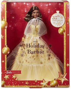 2023 holiday barbie doll, seasonal collector gift, barbie signature, golden gown and displayable packaging, dark brown hair