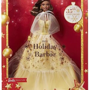 2023 Holiday Barbie Doll, Seasonal Collector Gift, Barbie Signature, Golden Gown and Displayable Packaging, Dark Brown Hair