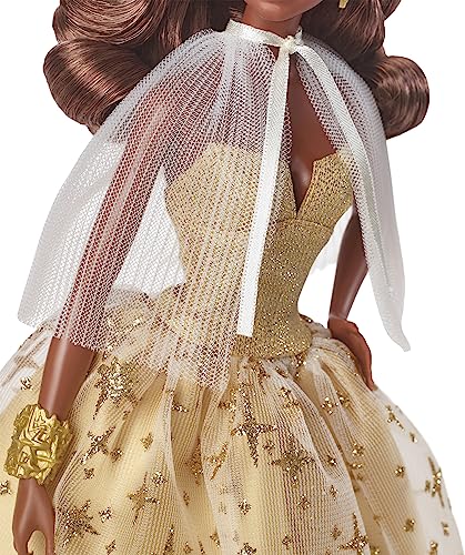 2023 Holiday Barbie Doll, Seasonal Collector Gift, Barbie Signature, Golden Gown and Displayable Packaging, Dark Brown Hair