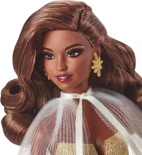 2023 Holiday Barbie Doll, Seasonal Collector Gift, Barbie Signature, Golden Gown and Displayable Packaging, Dark Brown Hair