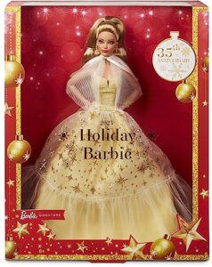 2023 holiday barbie doll, seasonal collector gift, barbie signature, golden gown and displayable packaging, light brown hair