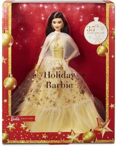 2023 holiday barbie doll, seasonal collector gift, barbie signature, golden gown and displayable packaging, black hair
