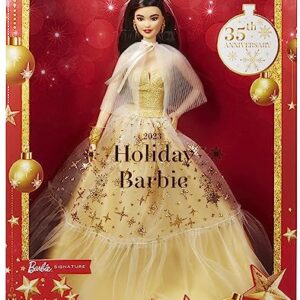 2023 Holiday Barbie Doll, Seasonal Collector Gift, Barbie Signature, Golden Gown and Displayable Packaging, Black Hair