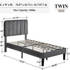 VECELO Twin Size Upholstered Bed Frame with Adjustable Headboard, Velvet Platform Bedframe Mattress Foundation, Strong Wood Slat Support, No Box Spring Needed,Dark Grey