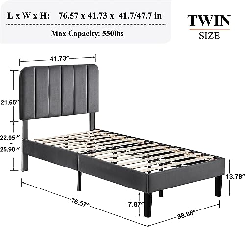 VECELO Twin Size Upholstered Bed Frame with Adjustable Headboard, Velvet Platform Bedframe Mattress Foundation, Strong Wood Slat Support, No Box Spring Needed,Dark Grey