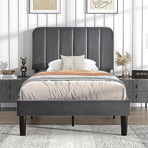 VECELO Twin Size Upholstered Bed Frame with Adjustable Headboard, Velvet Platform Bedframe Mattress Foundation, Strong Wood Slat Support, No Box Spring Needed,Dark Grey