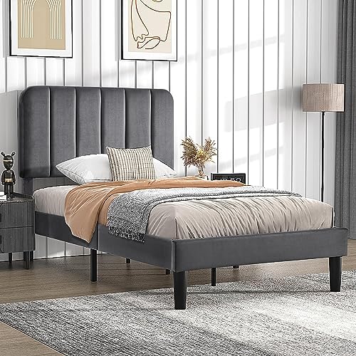 VECELO Twin Size Upholstered Bed Frame with Adjustable Headboard, Velvet Platform Bedframe Mattress Foundation, Strong Wood Slat Support, No Box Spring Needed,Dark Grey