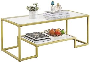 alohappy glass coffee table modern rectangular coffee table with 2-tier storage shelf and sturdy metal frame center table easy assembly for living room
