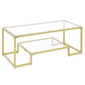Alohappy Glass Coffee Table Modern Rectangular Coffee Table with 2-Tier Storage Shelf and Sturdy Metal Frame Center Table Easy Assembly for Living Room