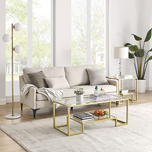 Alohappy Glass Coffee Table Modern Rectangular Coffee Table with 2-Tier Storage Shelf and Sturdy Metal Frame Center Table Easy Assembly for Living Room