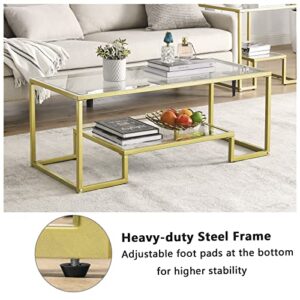 Alohappy Glass Coffee Table Modern Rectangular Coffee Table with 2-Tier Storage Shelf and Sturdy Metal Frame Center Table Easy Assembly for Living Room