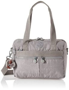 kipling women's klara handbag, organize accessories, removable shoulder strap, dual carry handles, crinkle nylon bag, cool grey tonal