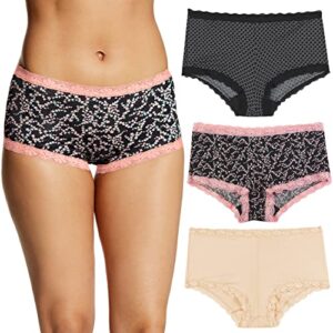 maidenform women's microfiber pack, one fab fit boyshort panties with lace, 3-pack, geo snow/cherry blossom/latte lift