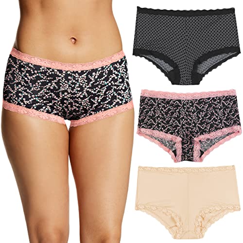 Maidenform Women's Microfiber Pack, One Fab Fit Boyshort Panties with Lace, 3-Pack, Geo Snow/Cherry Blossom/Latte Lift