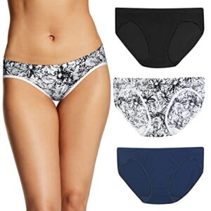 maidenform barely there women's underwear bikini pack, invisible look panties, 3-pack, black/marker floral print/navy