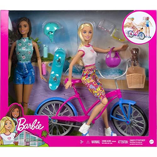 Barbie Outdoor Bike Playset Bundle Blonde and Brunette Doll with Puppy Summer Fun Set