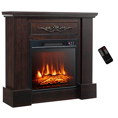 GOFLAME 32” Electric Fireplace with Mantel, Freestanding Electric Fireplace Heater with Adjustable Thermostat & Flame, Remote Control, Overheat Protection, Wooden Surround Fireplace, 1400W, Brown