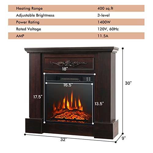 GOFLAME 32” Electric Fireplace with Mantel, Freestanding Electric Fireplace Heater with Adjustable Thermostat & Flame, Remote Control, Overheat Protection, Wooden Surround Fireplace, 1400W, Brown