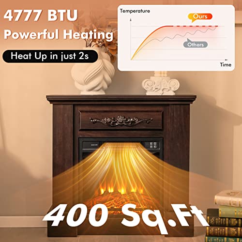 GOFLAME 32” Electric Fireplace with Mantel, Freestanding Electric Fireplace Heater with Adjustable Thermostat & Flame, Remote Control, Overheat Protection, Wooden Surround Fireplace, 1400W, Brown