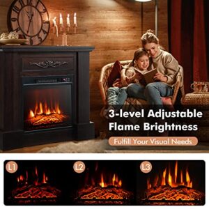 GOFLAME 32” Electric Fireplace with Mantel, Freestanding Electric Fireplace Heater with Adjustable Thermostat & Flame, Remote Control, Overheat Protection, Wooden Surround Fireplace, 1400W, Brown