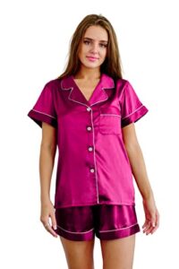 queens bridal women’s short sleeve silk satin pajama set 2 pieces button down loungewear sleepwear (hot pink, small)