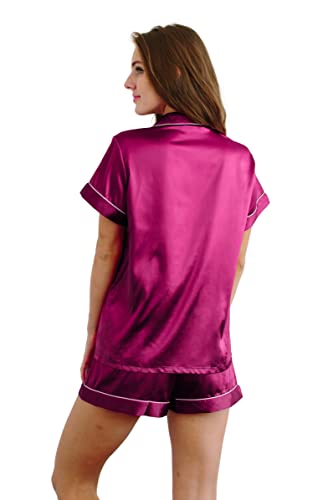 Queens Bridal Women’s Short Sleeve Silk Satin Pajama Set 2 pieces Button Down Loungewear Sleepwear (Hot Pink, Small)