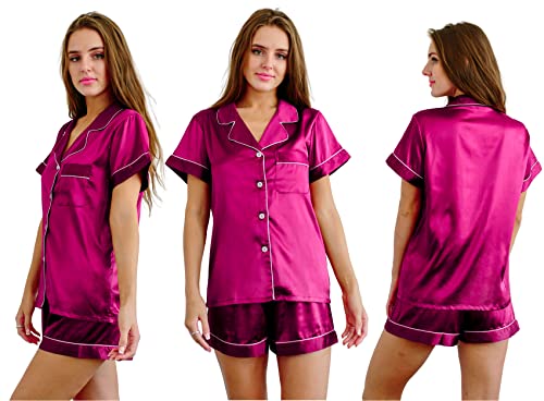 Queens Bridal Women’s Short Sleeve Silk Satin Pajama Set 2 pieces Button Down Loungewear Sleepwear (Hot Pink, Small)