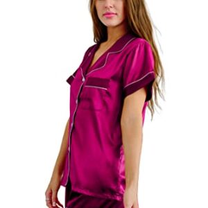 Queens Bridal Women’s Short Sleeve Silk Satin Pajama Set 2 pieces Button Down Loungewear Sleepwear (Hot Pink, Small)