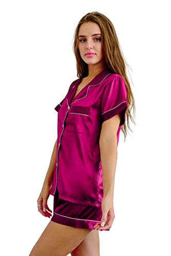 Queens Bridal Women’s Short Sleeve Silk Satin Pajama Set 2 pieces Button Down Loungewear Sleepwear (Hot Pink, Small)