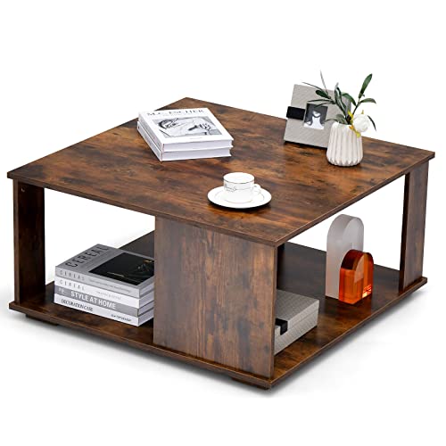 Giantex 32” Square Coffee Table, 2-Tier Wooden Table with Storage Shelf, Industrial Home Accent Table, Mid-Century Center Table Ideal for Living Room, Study Room(Rustic Brown)