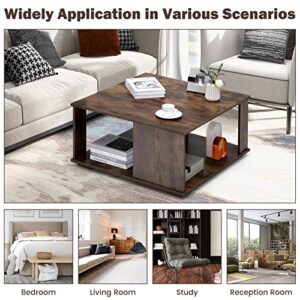 Giantex 32” Square Coffee Table, 2-Tier Wooden Table with Storage Shelf, Industrial Home Accent Table, Mid-Century Center Table Ideal for Living Room, Study Room(Rustic Brown)