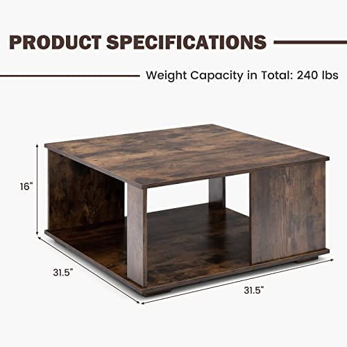 Giantex 32” Square Coffee Table, 2-Tier Wooden Table with Storage Shelf, Industrial Home Accent Table, Mid-Century Center Table Ideal for Living Room, Study Room(Rustic Brown)