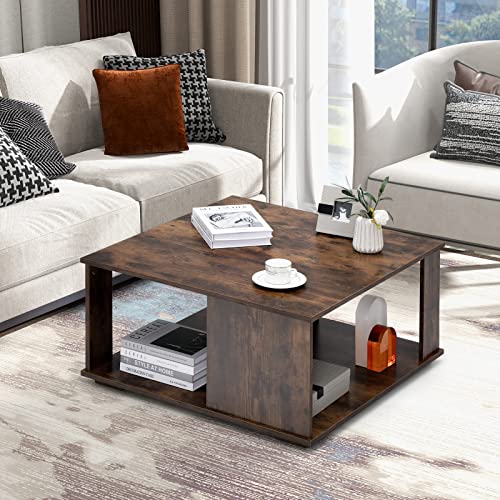 Giantex 32” Square Coffee Table, 2-Tier Wooden Table with Storage Shelf, Industrial Home Accent Table, Mid-Century Center Table Ideal for Living Room, Study Room(Rustic Brown)