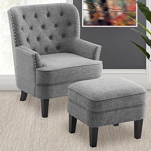 Rosevera Duilio Furniture Reading Living Room Comfy Bedroom Accent Chair and a Half, Standard, Polyester Light Grey with Ottoman