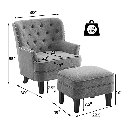 Rosevera Duilio Furniture Reading Living Room Comfy Bedroom Accent Chair and a Half, Standard, Polyester Light Grey with Ottoman