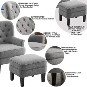 Rosevera Duilio Furniture Reading Living Room Comfy Bedroom Accent Chair and a Half, Standard, Polyester Light Grey with Ottoman