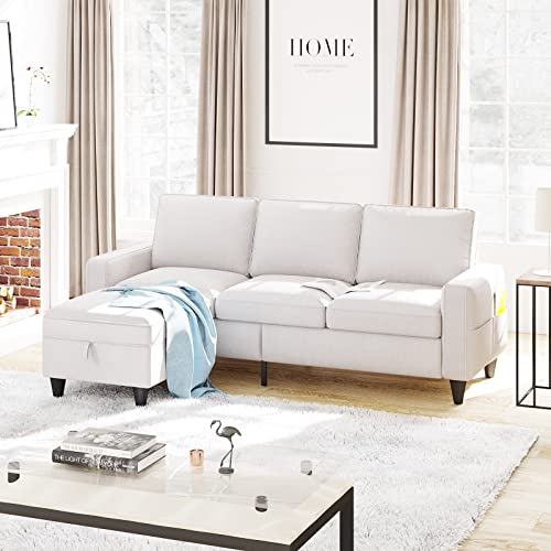 Lonkwa Convertible Sectional Sofa Couches L-Shaped Couch with Storage Ottoman, Beige Couches for Living Room, 3-Seat Sectional Sofas for Living Room/Bedroom/Office/Small Space