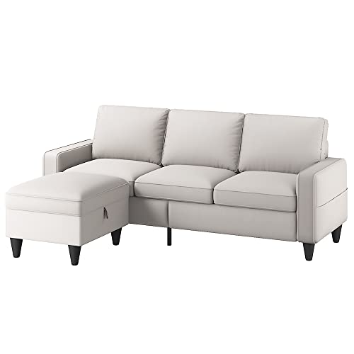 Lonkwa Convertible Sectional Sofa Couches L-Shaped Couch with Storage Ottoman, Beige Couches for Living Room, 3-Seat Sectional Sofas for Living Room/Bedroom/Office/Small Space