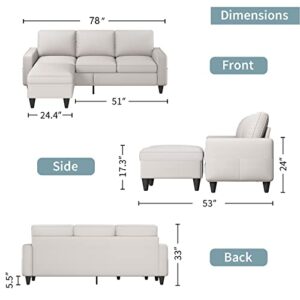 Lonkwa Convertible Sectional Sofa Couches L-Shaped Couch with Storage Ottoman, Beige Couches for Living Room, 3-Seat Sectional Sofas for Living Room/Bedroom/Office/Small Space