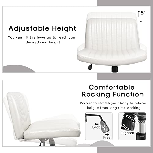 PUKAMI Armless Desk Chair No Wheels with Ottoman&Lumbar Support,PU Leather Padded Modern Swivel Home Office Chair,Height Adjustable Wide Seat Cross Legged Computer Task Chair for Living Room(White)