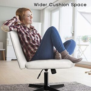 PUKAMI Armless Desk Chair No Wheels with Ottoman&Lumbar Support,PU Leather Padded Modern Swivel Home Office Chair,Height Adjustable Wide Seat Cross Legged Computer Task Chair for Living Room(White)